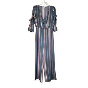 Palazzo Pant Jumpsuit Cold Shoulder Bow Sleeve Blue Striped Burgundy Wide Leg